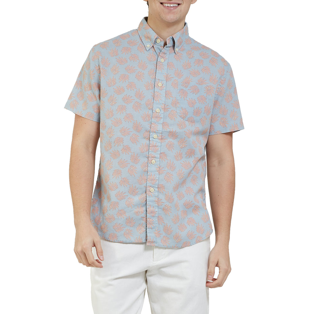 Blue Palm Leaf Summer Plain Weave Short Sleeve Shirt - Red Leaf On Blue-Grayers